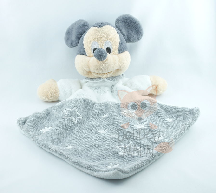 Disney doudou plat losange Mickey souris gris blanc étoile